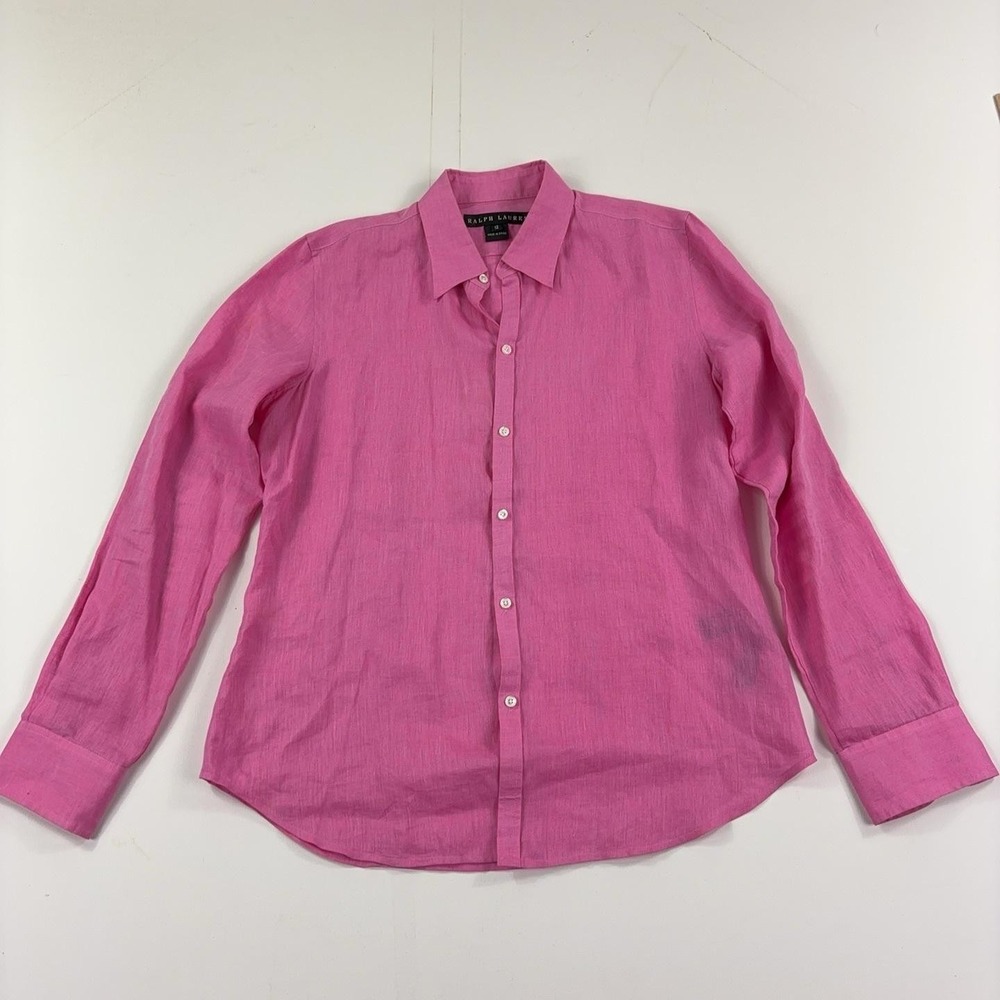 Ralph Lauren Black Label Linen Button Down Shirt Women's 12 Pink Luxury